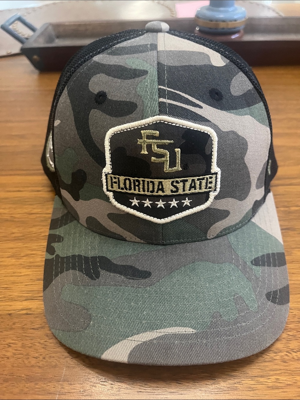 Oh Camouflage Trucker Hat with Black Mesh and Olive Patch